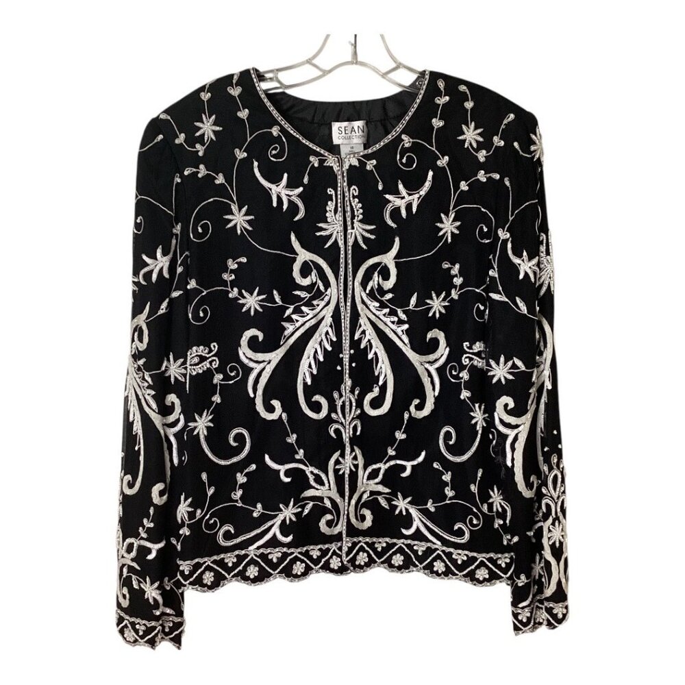 Vintage Sean Collection Black & White Silk Beaded Embroidered Jacket Size 10